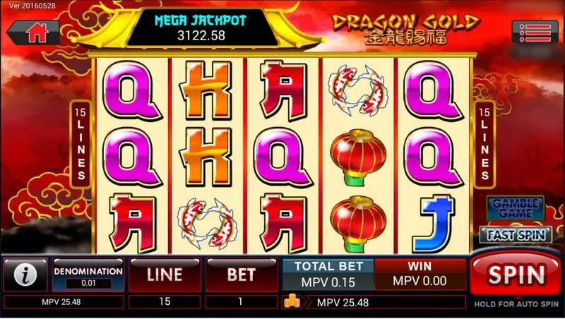 Dragon Gold slot with pink and orange letter symbols, red lanterns and koi, a Mega Jackpot box reading 3122.58 and 15 lines marked on both sides