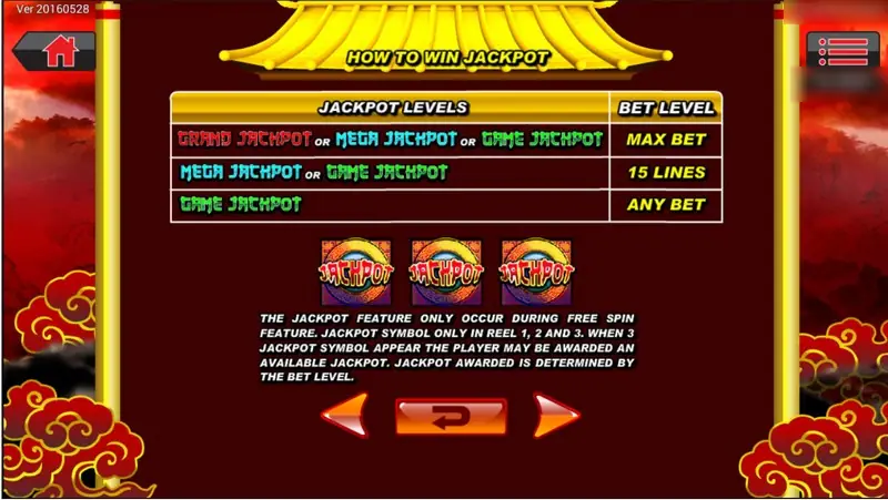 Dragon Gold help page listing jackpot levels: Grand, Mega or Game jackpot at max bet, Mega or Game at 15 lines, Game jackpot at any bet