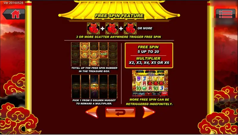 Dragon Gold free spin page: three or more scatters trigger the feature, pick 1 of 3 golden nuggets, 5 up to 20 free spins with x2 to x6 multiplier