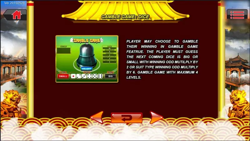 Dragon Gold gamble game help page showing a dice cup with Small and Big buttons and a Collect button
