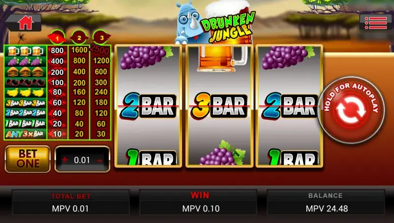 Drunken Jungle after a small win with 2 BAR and 3 BAR symbols on the top row, win showing MPV 0.10