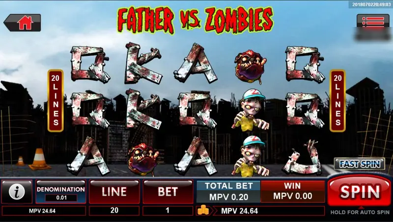Father vs Zombies on SKY777: card letters built from bloodstained wooden planks, a zombie boy in a cap and a rolling zombie head on five reels, 20 LINES on both sides, SPIN and FAST SPIN buttons