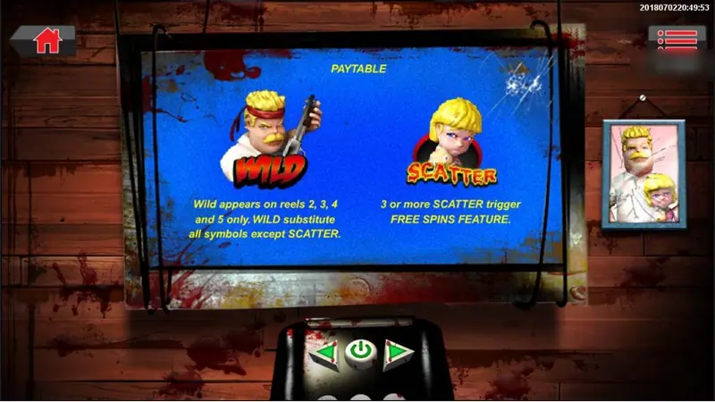 Father vs Zombies paytable on a TV screen: dad with a chainsaw as WILD on reels 2 to 5, blonde girl as SCATTER triggering free spins
