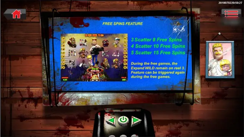 Father vs Zombies free spins: 3 scatters 8 free spins, 4 scatters 10, 5 scatters 15, expanded wild stays on reel 3
