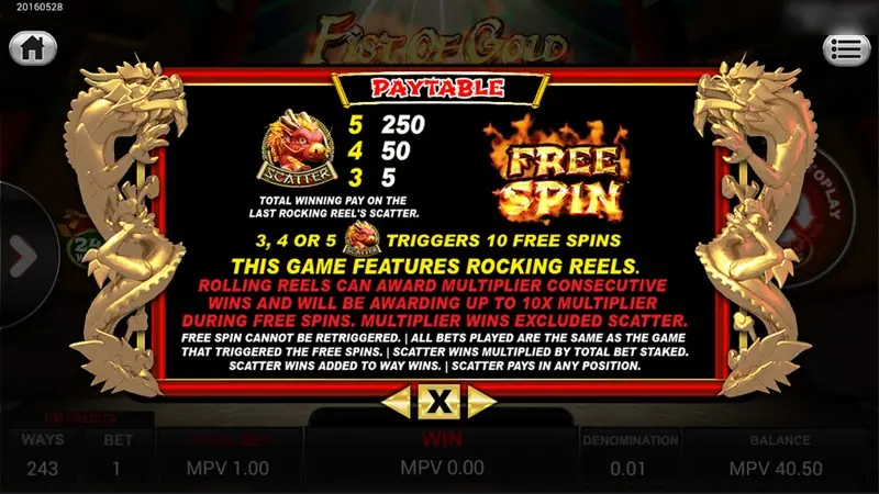 Fist of Gold free spin page: 3, 4 or 5 scatters trigger 10 free spins, rolling reels award a multiplier up to 10x
