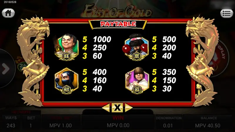 Fist of Gold paytable of four fighters: grinning man in green 1000, afro boxer 500, ninja 400, headband fighter 350 for five