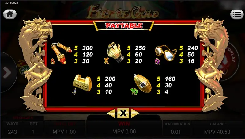 Fist of Gold low symbols: nunchaku, golden glove, glasses, weight and token with their payouts