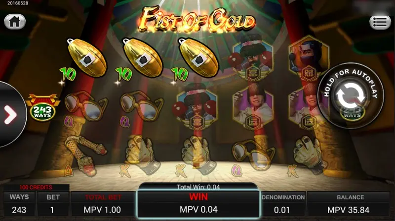Fist of Gold mid-spin with golden gloves dropping onto the reels and green 10 symbols, total win 0.04