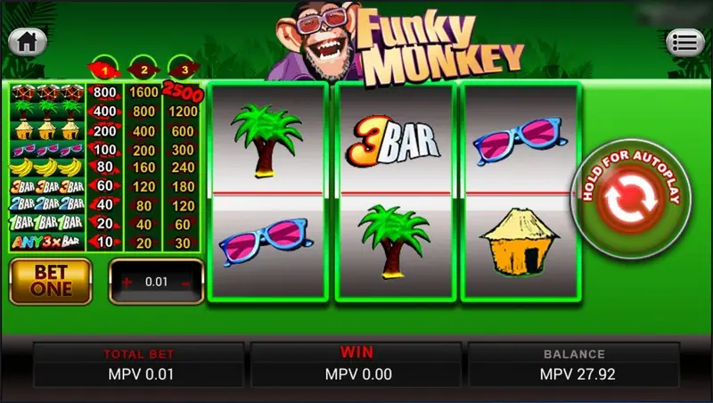 Funky Monkey reels showing a palm tree, 3BAR and sunglasses on the payline, with a hut below, BET ONE and coin value 0.01