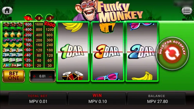 Funky Monkey on SKY777: a grinning chimp in sunglasses above three reels showing 1BAR, 3BAR and 2BAR, bananas and drums, paytable for 1, 2 and 3 coins on the left