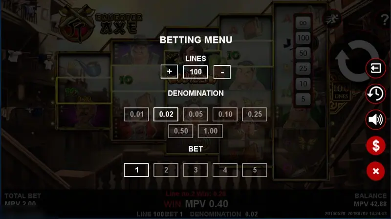 Gangster Axe betting menu on SKY777: LINES 100 with plus and minus, denominations 0.01 to 1.00 with 0.02 selected, BET 1 to 5
