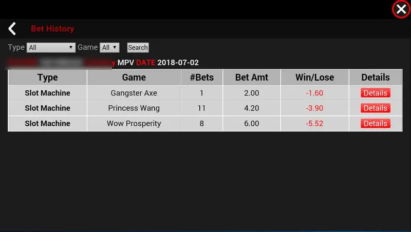 SKY777 Bet History screen listing Gangster Axe 1 bet 2.00 lose 1.60, Princess Wang 11 bets 4.20, Wow Prosperity 8 bets 6.00