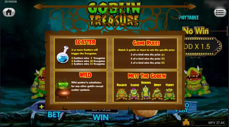 Goblin Treasure rules panel: potion SCATTER gives 5, 10 or 15 free games, cauldron WILD, match 3, 4 or 5 goblins for x1, x2 or x5, and five named goblins