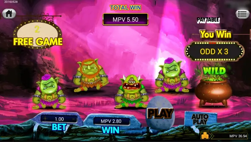 Goblin Treasure free game with a pink cave, four goblins and a WILD cauldron, You Win ODD X 3, total win MPV 5.50