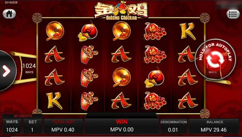 Golden Chicken slot on SKY777 on a red background, five reels and four rows of gongs, red envelopes with coins, firecracker bundles and card letters, 1024 WAYS on the left