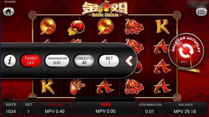 Golden Chicken side menu open: TURBO OFF, DENOMINATION 0.01, CREDITS 40, BET 1