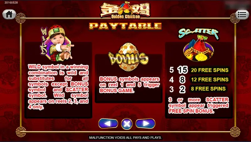 Golden Chicken paytable: a child in red as WILD on reels 2, 3 and 4, a golden BONUS egg on reels 1 and 5, rooster SCATTER 15, 8 and 2 with 20, 12 and 8 free spins