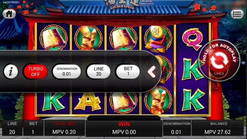 Golden Lotus side menu open: TURBO OFF, DENOMINATION 0.01, LINE 20, BET 1