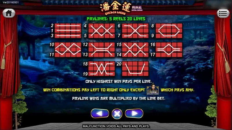 Golden Lotus payline chart: 5 reels 20 lines, only highest win pays per line, left to right