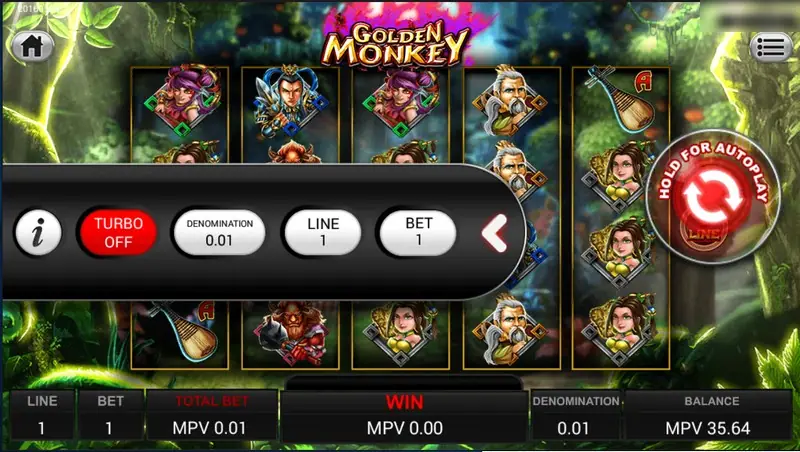 Golden Monkey side bar open: TURBO OFF, DENOMINATION 0.01, LINE 1, BET 1