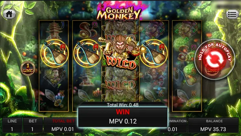 Golden Monkey with a stacked Monkey WILD on the middle reel, lute symbols on reels 1, 2 and 4, total win 0.48 and win MPV 0.12