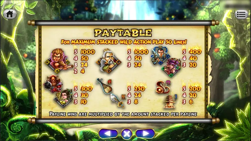 Golden Monkey paytable with warrior portraits, a lute, a sword, a snake and a pagoda, top symbol paying 1000 for five