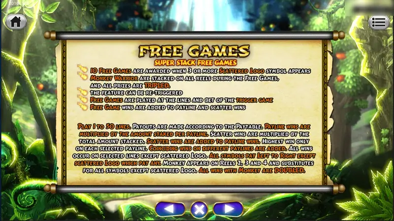 Golden Monkey free games rules: 10 free games for 3 or more scattered logos, Monkey Warrior stacked on all reels, all prizes tripled