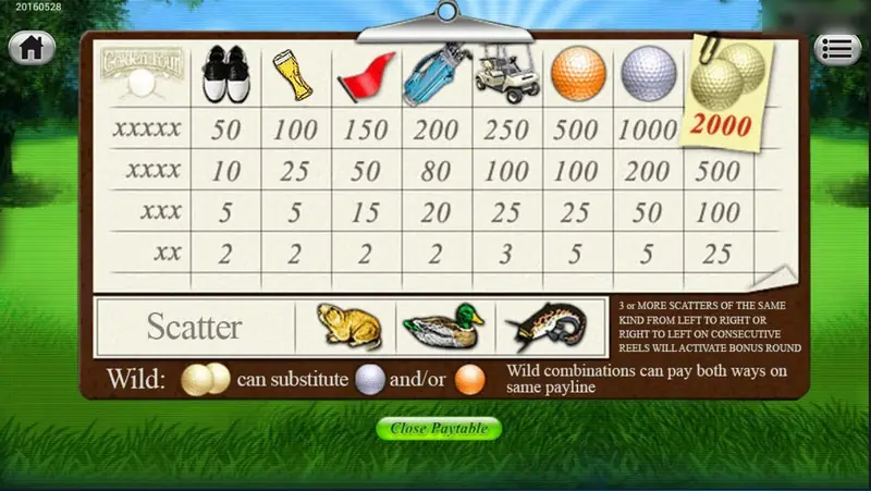 Golden Tour paytable card: shoes 50, beer 100, flag 150, bag 200, cart 250, orange ball 500, white ball 1000, gold balls 2000 for five