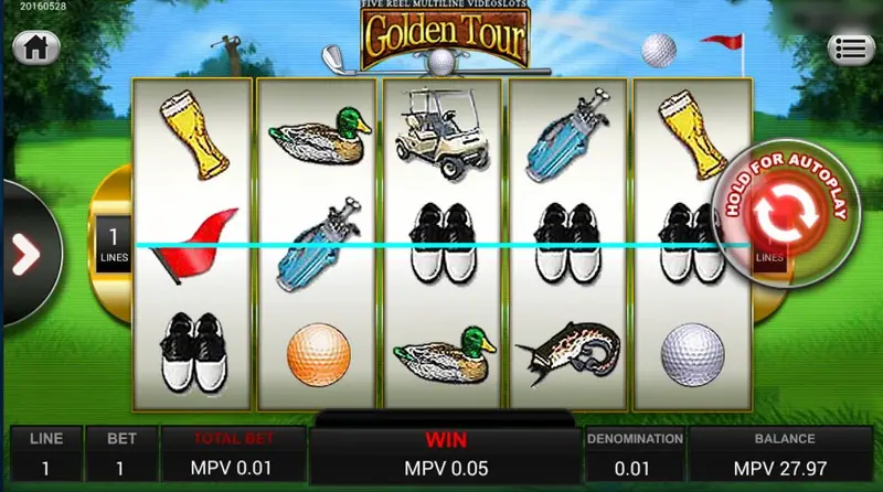 Golden Tour one-line win with a duck scatter, golf shoes and golf carts, win MPV 0.05
