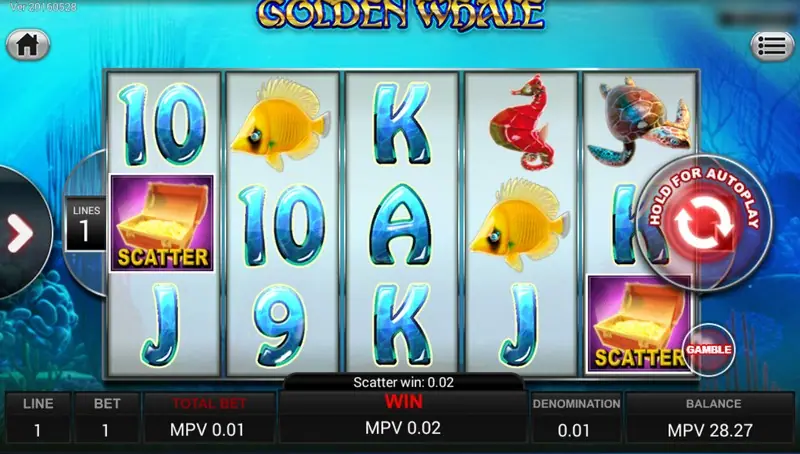 Golden Whale reels with two SCATTER treasure chests, a fish and seahorse, scatter win 0.02 and a gamble button