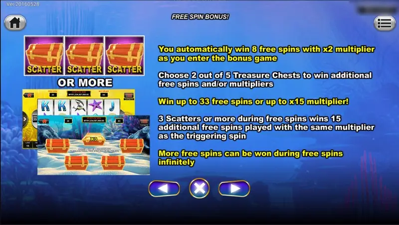 Golden Whale free spin bonus rules: 8 free spins at x2, choose 2 of 5 treasure chests, up to 33 free spins or x15 multiplier