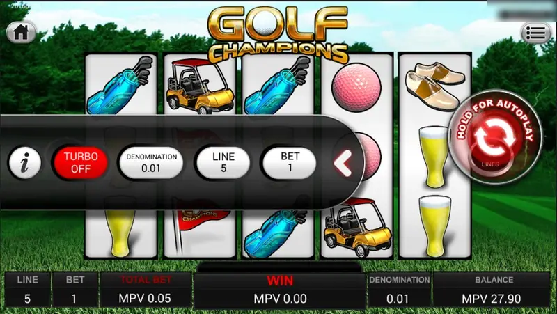 Golf Champions with the side menu open showing TURBO OFF, DENOMINATION 0.01, LINE 5 and BET 1