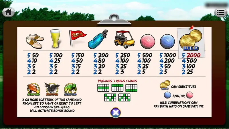 Golf Champions paytable on a clipboard: symbols paying up to 2000, gopher, duck and fish scatters, 5 reels 5 lines