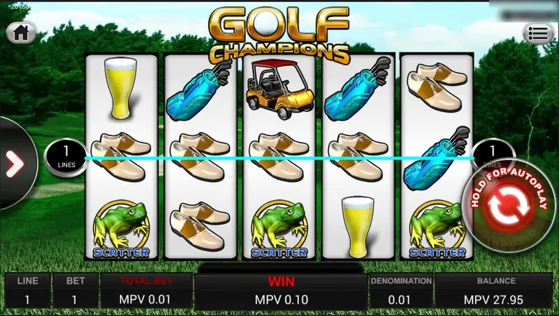Golf Champions single-line win of MPV 0.10 with golf shoes on the middle row and green animal scatter symbols below