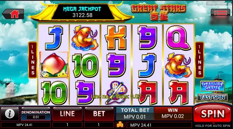 Great Stars reels on a single line with the MEGA JACKPOT box at 3122.58 and a win of MPV 0.02