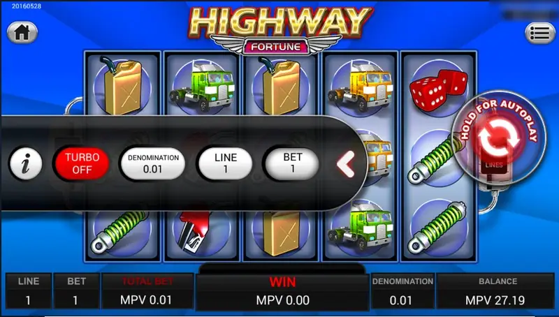 Highway Fortune with the side menu open showing TURBO OFF, DENOMINATION 0.01, LINE 1 and BET 1 buttons