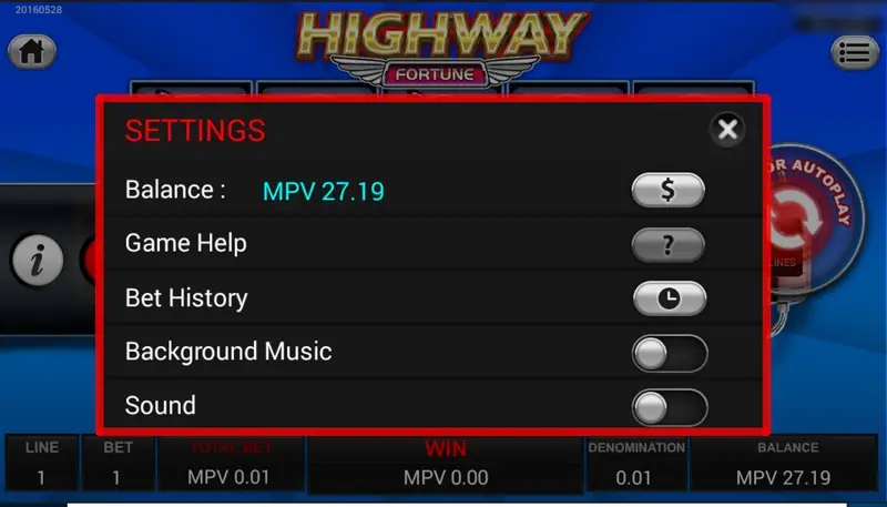 Highway Fortune settings panel with Balance, Game Help, Bet History, Background Music and Sound