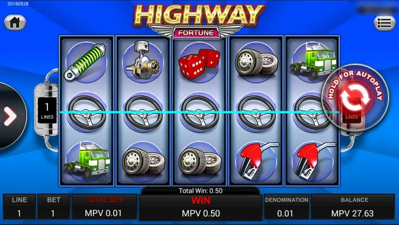 Highway Fortune single line win across three steering wheel symbols, total win 0.50