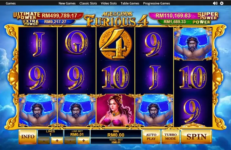 Three Titans holding up the sky on reels 1, 2 and 4 with a gold 4 coin and a woman in pink