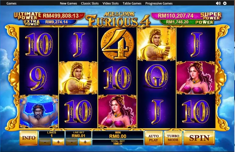 Furious 4 reels with the gold 4 coin on reel 3, two golden archers and two women in pink