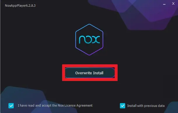 NoxPlayer installer window with a highlighted Overwrite Install button and a ticked box accepting the Nox licence agreement