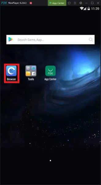 NoxPlayer Android home screen showing a search bar and three icons: Browser, Tools and App Center