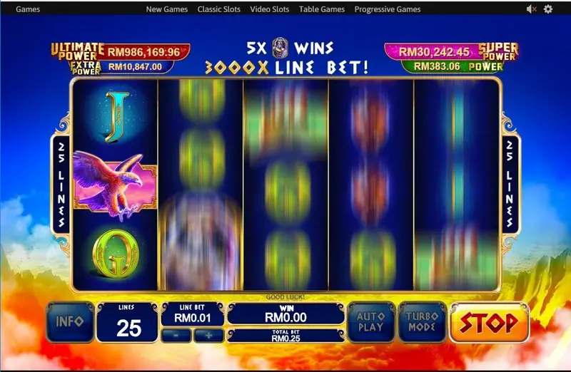 Reels mid-spin under a banner reading 5X Zeus WINS 3000X LINE BET