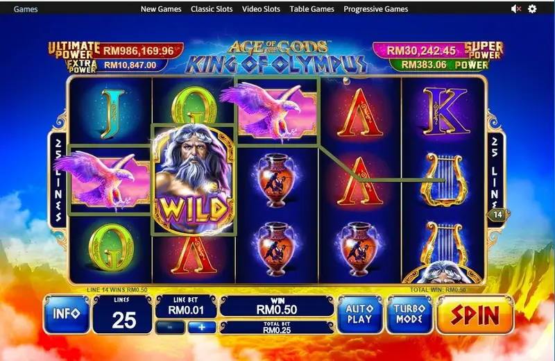 King of Olympus win on line 14: two purple eagles either side of a Zeus WILD on reel 2, WIN RM0.50