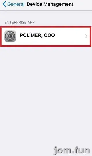 Device Management page with a single Enterprise App entry POLIMER, OOO outlined in red