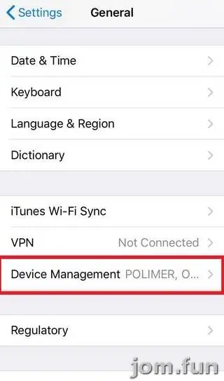 General settings with Device Management outlined in red and POLIMER shown greyed beside it