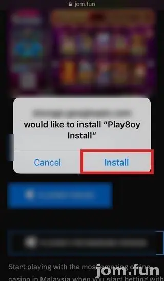 Safari prompt asking to install Play8oy Install, with the Install button outlined in red