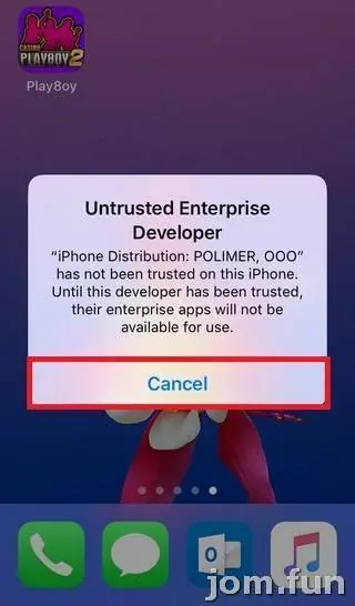 Untrusted Enterprise Developer pop-up naming iPhone Distribution: POLIMER, OOO, with Cancel outlined in red