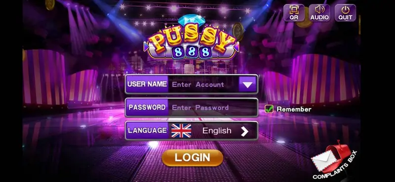 Pussy888 login screen with User Name and Password fields, a Remember option, a Language selector set to English and a gold Login button on a purple stage background
