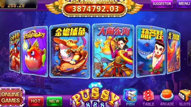 Pussy888 lobby with a Grand Bonus counter, a carousel of fish-game tiles and tabs for Online Games, Hot, New, Fish, Table, Arcade and Slots